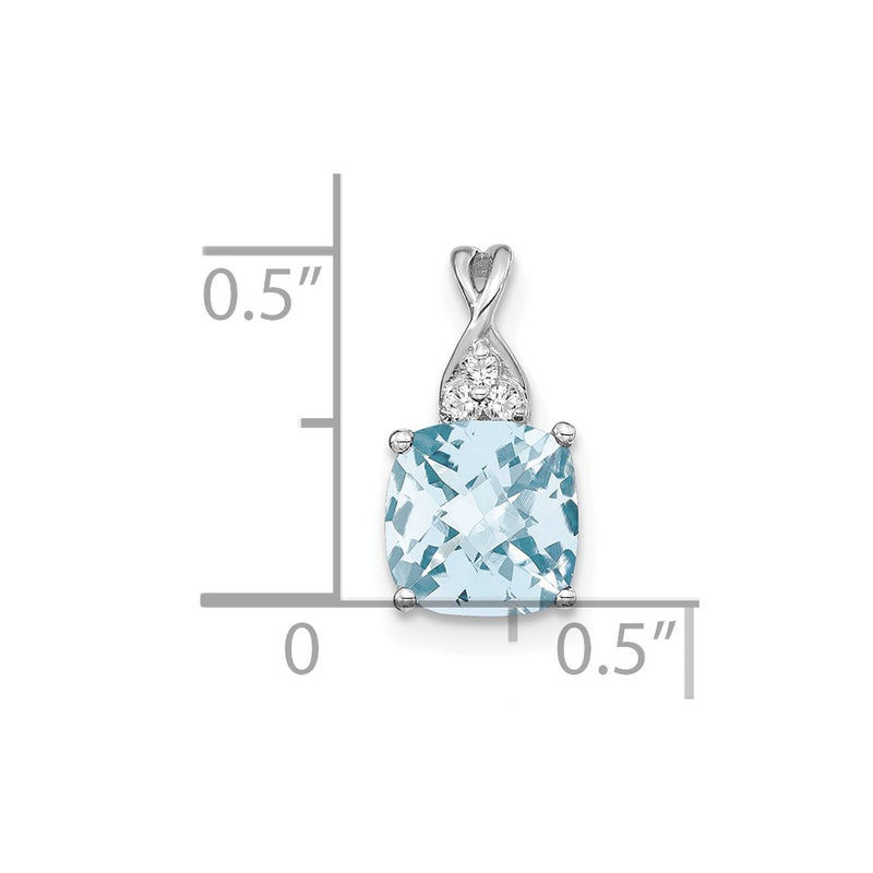 14K White Gold 7mm Cushion Checkerboard March/Aquamarine and Diamond Pendant