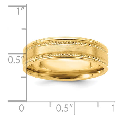 14K Yellow Gold 6mm Standard Weight Comfort Fit Brushed Satin/Polished Milgrain Grooved Edge Wedding Band Ring