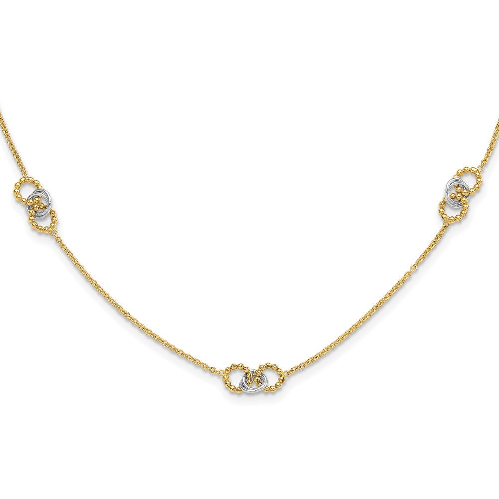14K Two-Tone Gold Two-tone Linked and Beaded Circles 3-Station 16 Inch Necklace Plus 2 Inch Extender