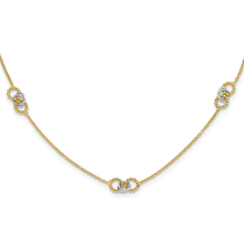 14K Two-Tone Gold Two-tone Linked and Beaded Circles 3-Station 16 Inch Necklace Plus 2 Inch Extender