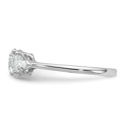 14K White Gold 1/2 carat Lab Grown Diamond VS+ F+ Triangle 1 carat Round Semi Mount Three Stone Engagement Ring