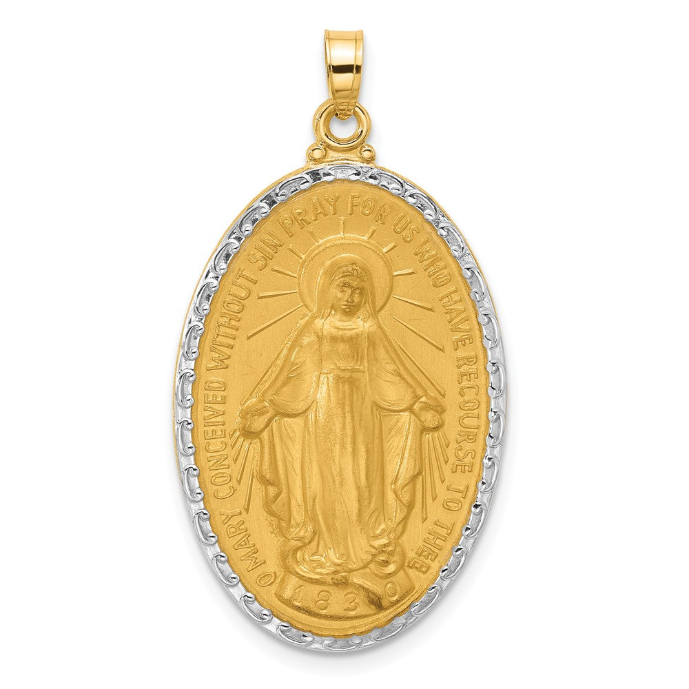 14K Yellow Gold and Rhodium Polished and Satin Solid Miraculous Medal Oval Pendant
