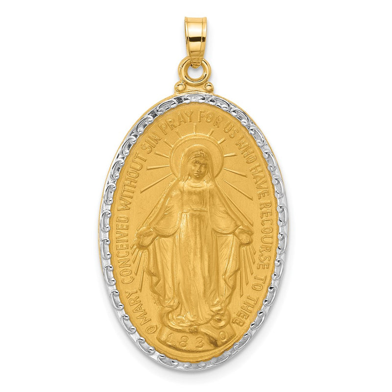 14K Yellow Gold and Rhodium Polished and Satin Solid Miraculous Medal Oval Pendant