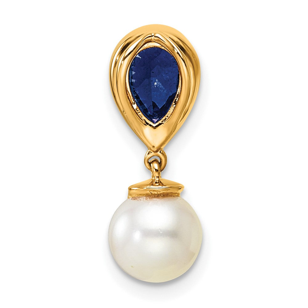 14K Yellow Gold 6-7mm Round Freshwater Cultured Pearl/Pear Sapphire/Diamond Teardrop Chain Slide
