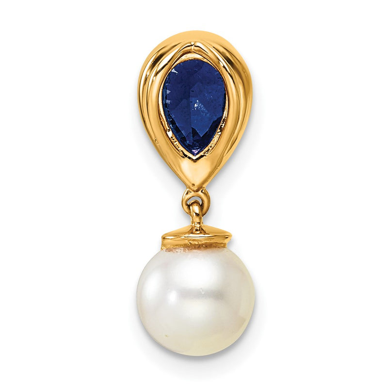 14K Yellow Gold 6-7mm Round Freshwater Cultured Pearl/Pear Sapphire/Diamond Teardrop Chain Slide