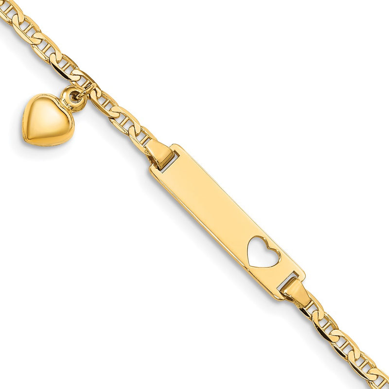 14K Yellow Gold Polished Solid Chain/Solid Plate Cut-out Heart with Heart Dangle Anchor Link 22x5mm Plate 5.5 Inch Baby/Child ID Bracelet