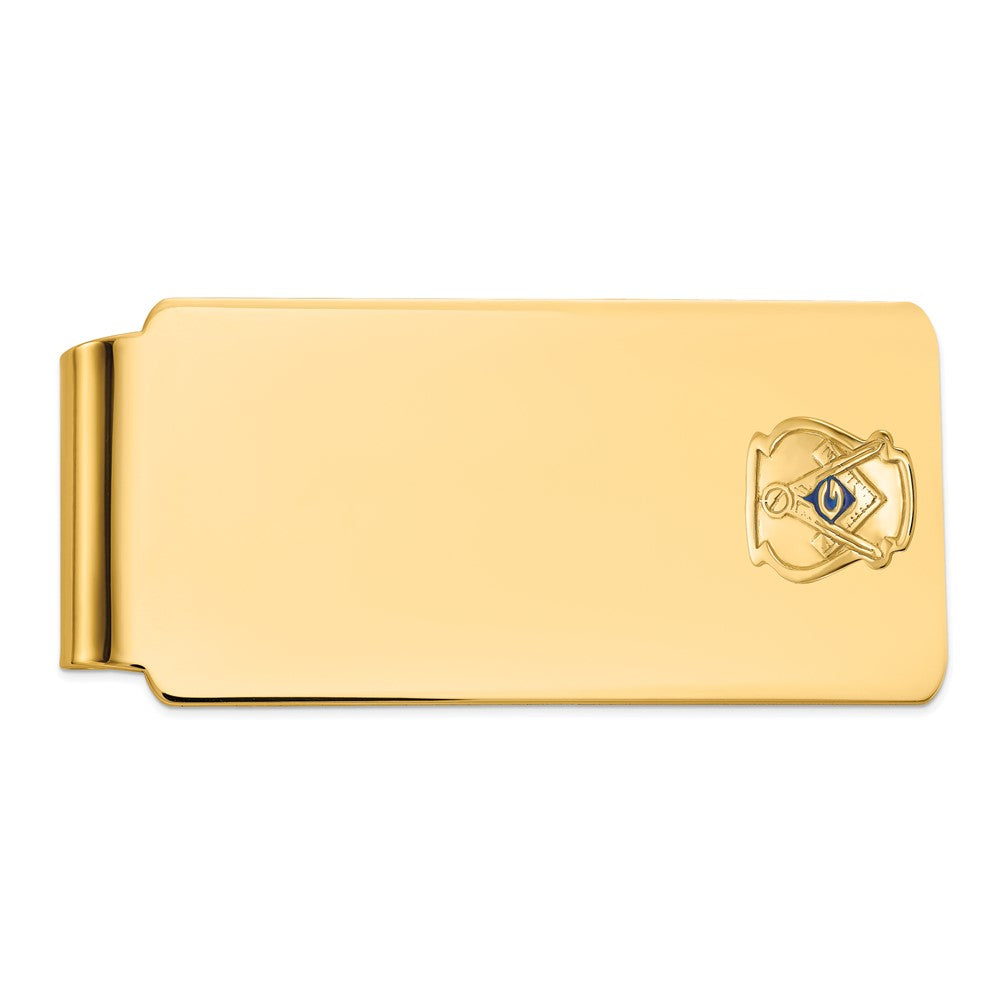14K Yellow Gold Men's Polished and Textured with Blue Enamel Masonic Large Money Clip