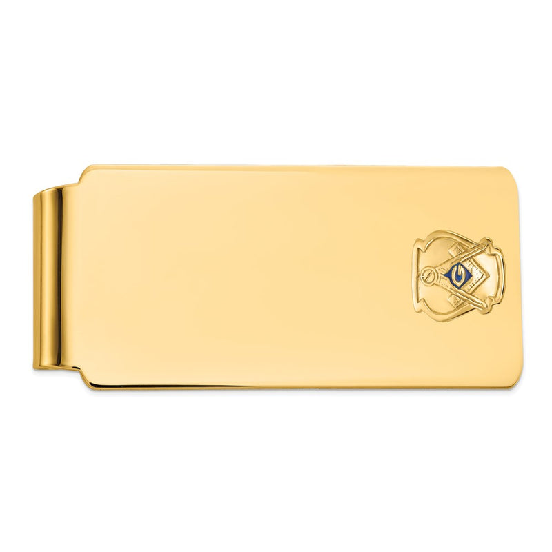 14K Yellow Gold Men's Polished and Textured with Blue Enamel Masonic Large Money Clip