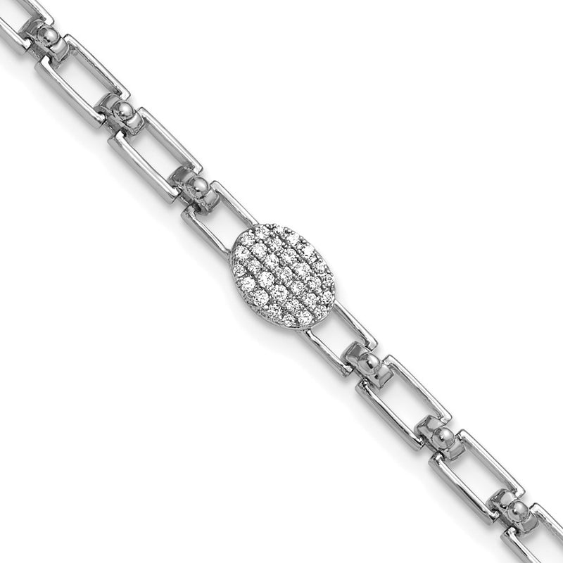 14K White Gold Polished Complete 1/8 carat Diamond Oval Cluster Fancy Link 7 Inch Bracelet with 1 Inch Extender