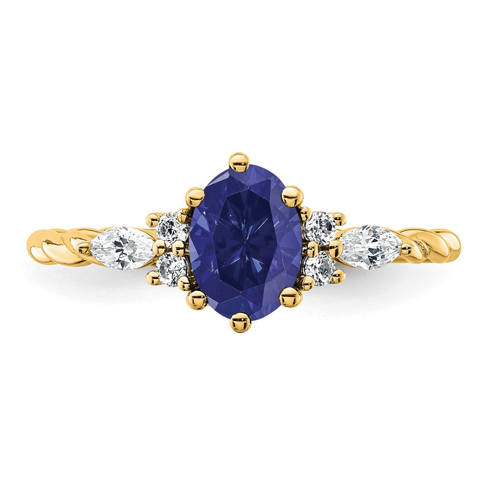14K Yellow Gold Diamond and 7x5 Oval September/Lab Created Sapphire Size 7 Twisted Ring