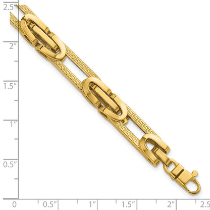 14K Yellow Gold Polished and Textured 7.6mm Fancy Greek Key Design Oval Link 7.25 Inch Bracelet