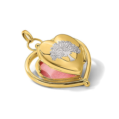 14K Yellow Gold and Rhodium Floral SPECIAL MUM and Tree in Spinning Frame Reversible 15mm Heart Locket