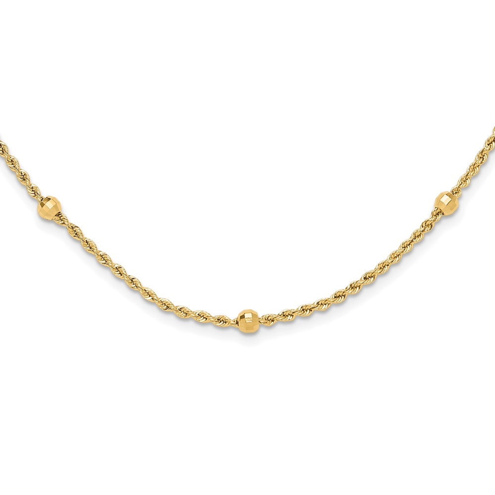 14K Yellow Gold Mirror Beads and Diamond-cut Rope Chain 7-Station 18 Inch Necklace