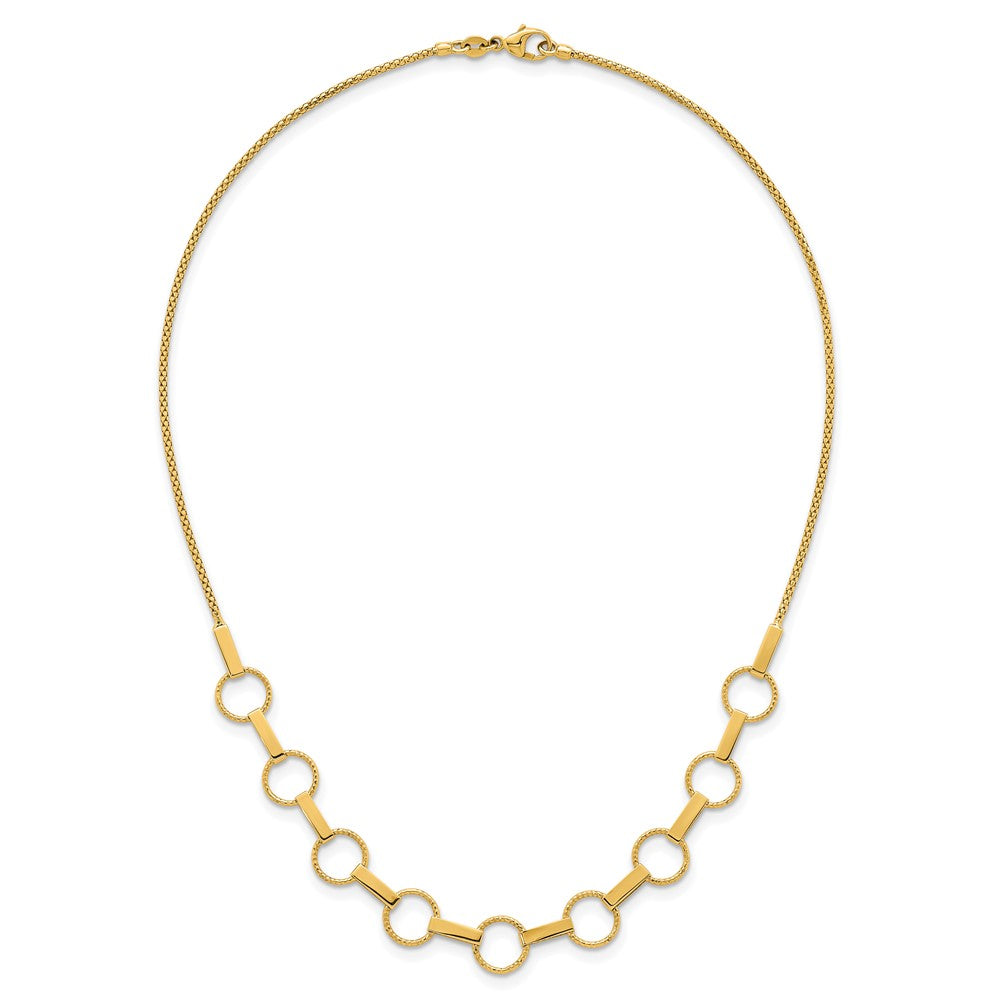 14K Yellow Gold Polished and Textured Circles and Bars 17.5 Inch Necklace