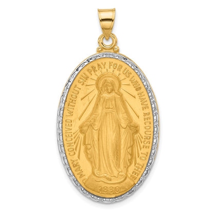 14K Yellow Gold and Rhodium Polished and Satin Solid Large Miraculous Medal Oval Pendant