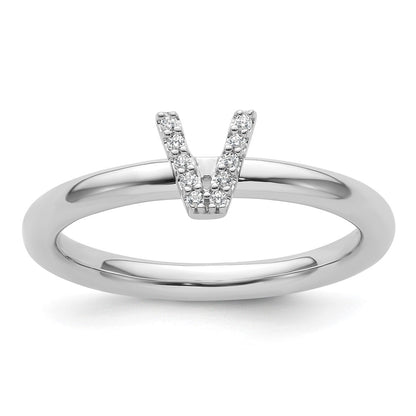 14K White Gold Stackable Diamond Initial V Size 7 Ring