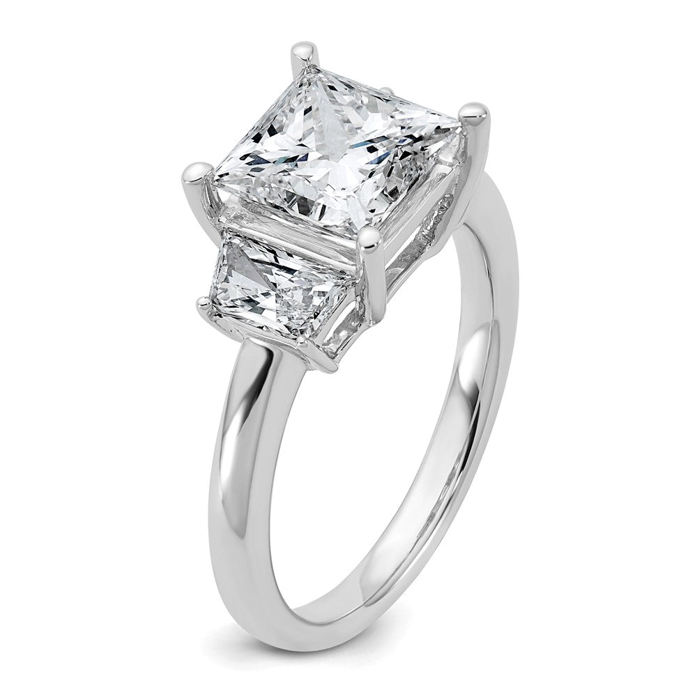 14K White Gold 3 1/3 carat Lab Grown Diamond VS+ F+ Princess and Trapezoid Complete Three Stone Engagement Ring