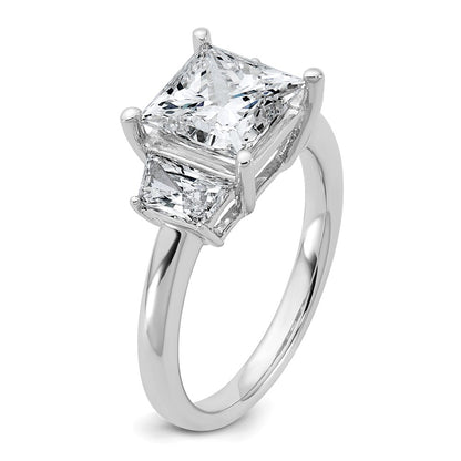 14K White Gold 3 1/3 carat Lab Grown Diamond VS+ F+ Princess and Trapezoid Complete Three Stone Engagement Ring