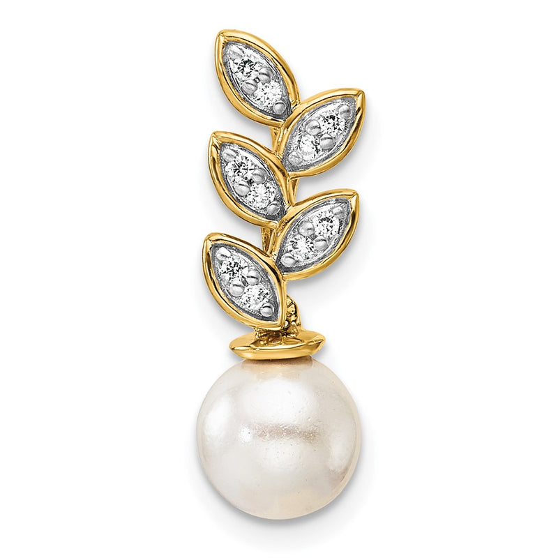 14K Yellow Gold Polished 1/15 carat Diamond and Freshwater Cultured Pearl Leaf Design Chain Slide