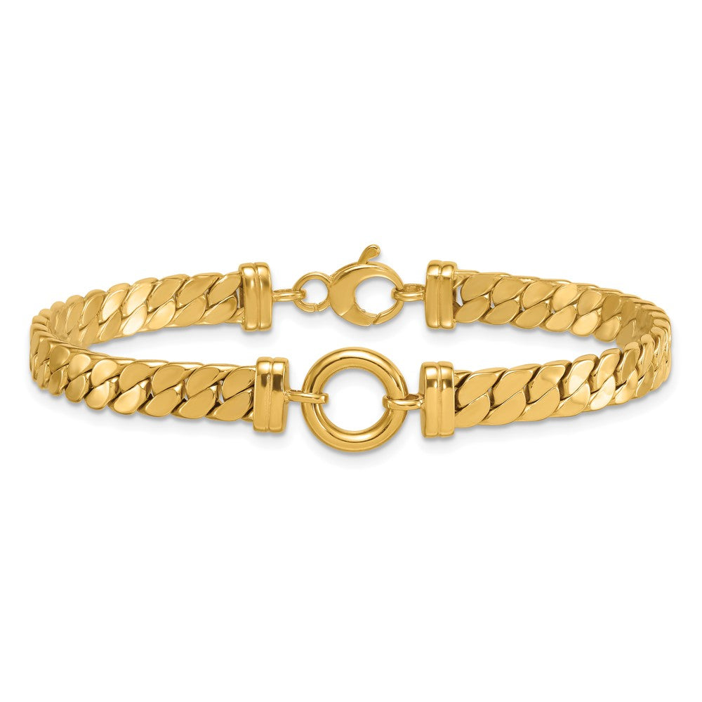 14K Yellow Gold Polished Flat Curb Link with Center Circle Element 7.5 Inch Bracelet