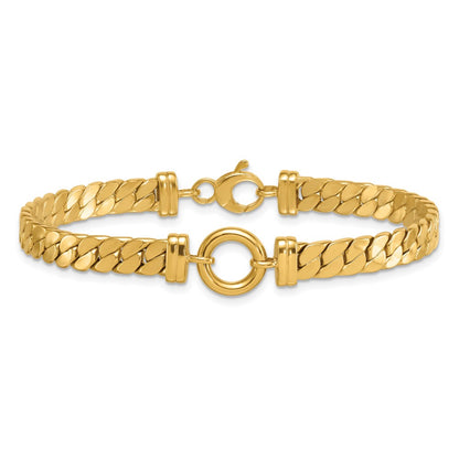 14K Yellow Gold Polished Flat Curb Link with Center Circle Element 7.5 Inch Bracelet