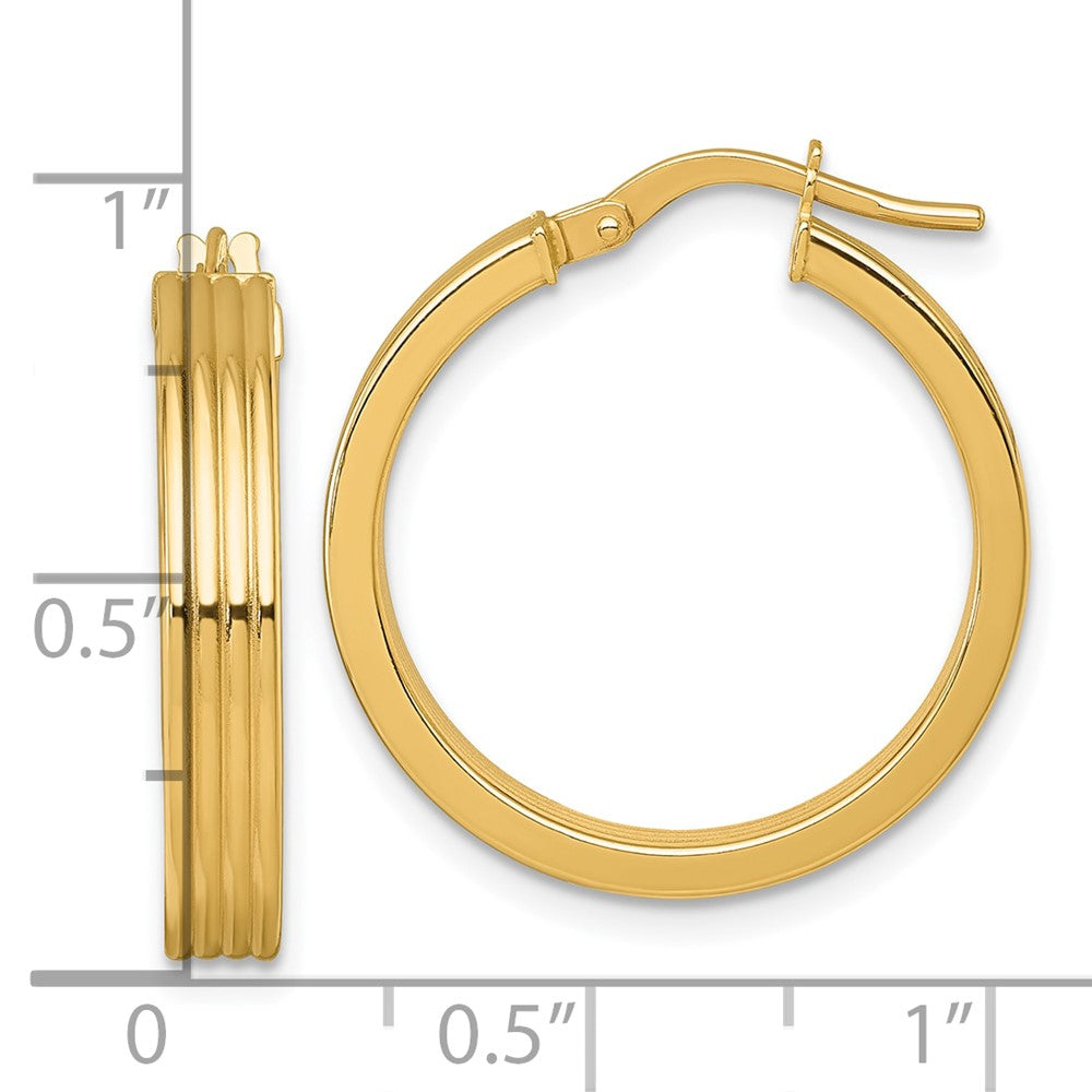 14K Yellow Gold Polished and Grooved 4.00 x 24mm Tube Hoop Earrings