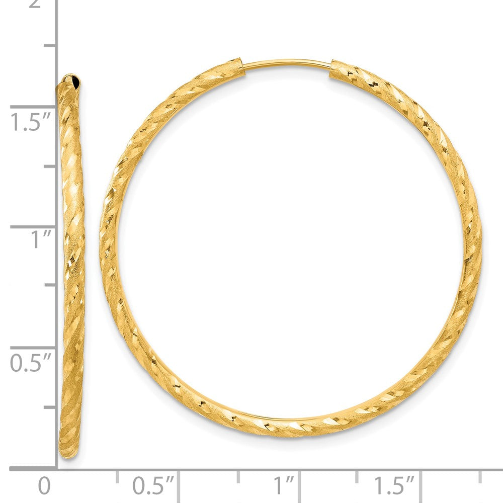 14K Yellow Gold 2.00x40mm Polished and Satin Diamond-cut Endless Tube Hoop Earrings