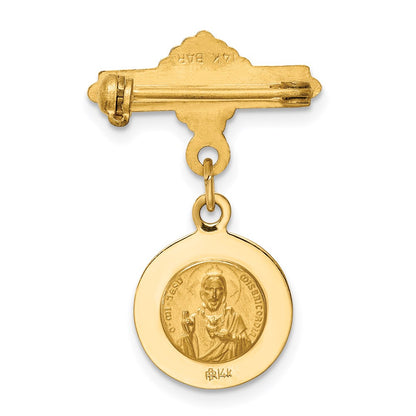 14K Yellow Gold Polished and Satin Solid Reversible Queen of the Holy Scapular and Sacred Heart Medal Pin