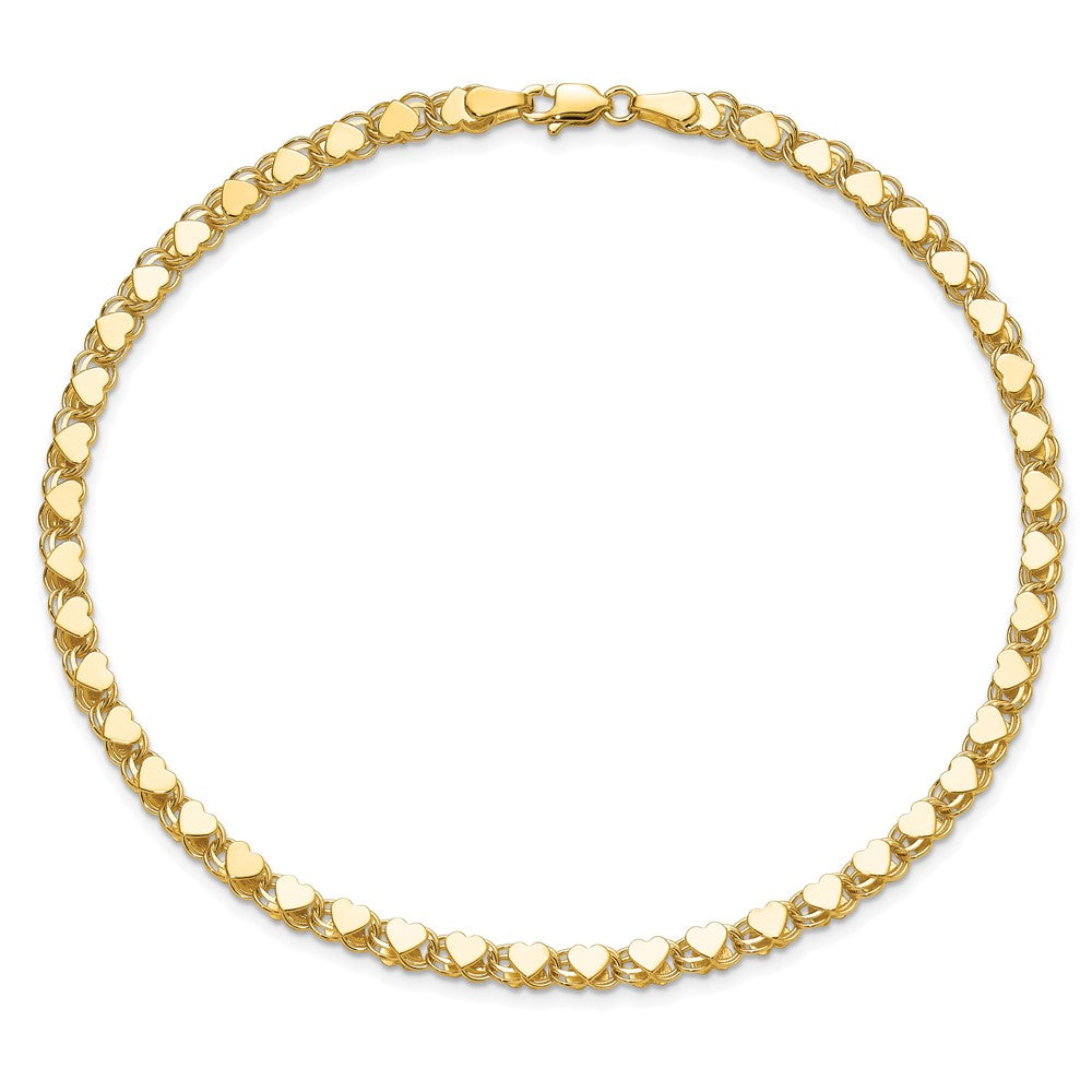 14K Yellow Gold Polished Double-Sided Hearts Double Link 10 Inch Anklet
