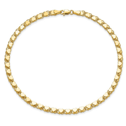 14K Yellow Gold Polished Double-Sided Hearts Double Link 10 Inch Anklet