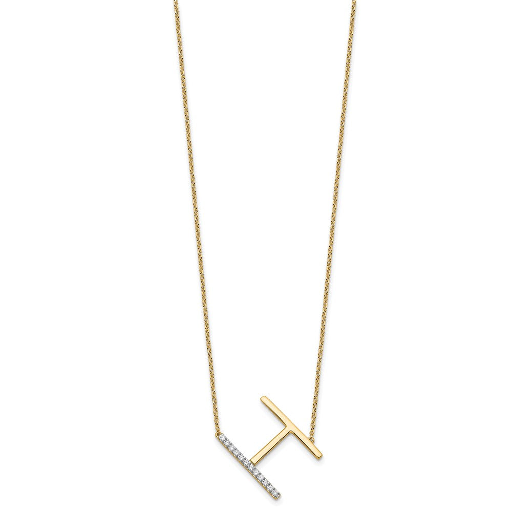 14K Yellow Gold Sideways Diamond Initial H 18 Inch Necklace
