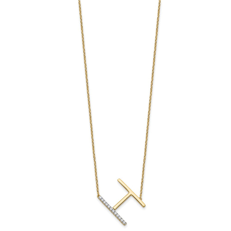 14K Yellow Gold Sideways Diamond Initial H 18 Inch Necklace