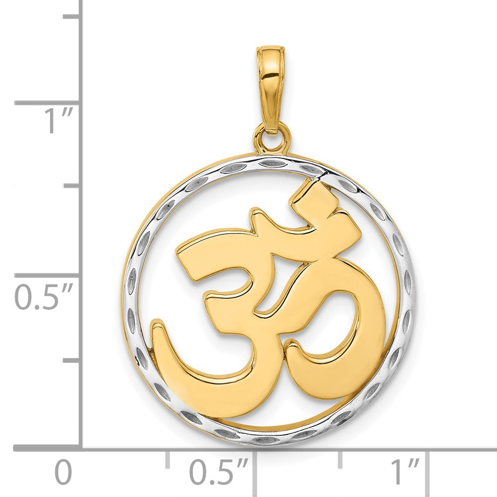 14K Yellow Gold and Rhodium Diamond-cut Om Symbol in Circle Pendant