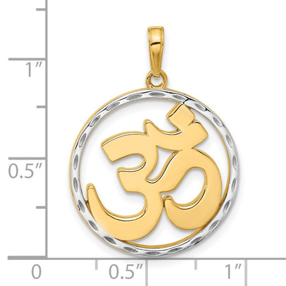 14K Yellow Gold and Rhodium Diamond-cut Om Symbol in Circle Pendant