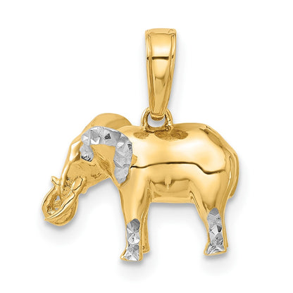 14K Yellow Gold and Rhodium Diamond-cut 3-D Elephant Pendant