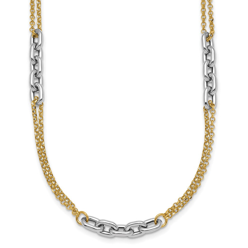 14K Two-Tone Gold Polished 4.8mm Fancy Oval Link and Double Strand Chain 17 Inch Necklace Plus 2 Inch Extender