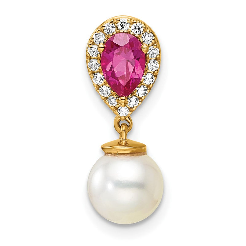 14K Yellow Gold 6-7mm Round Freshwater Cultured Pearl/Pear Ruby/Diamond Teardrop Chain Slide