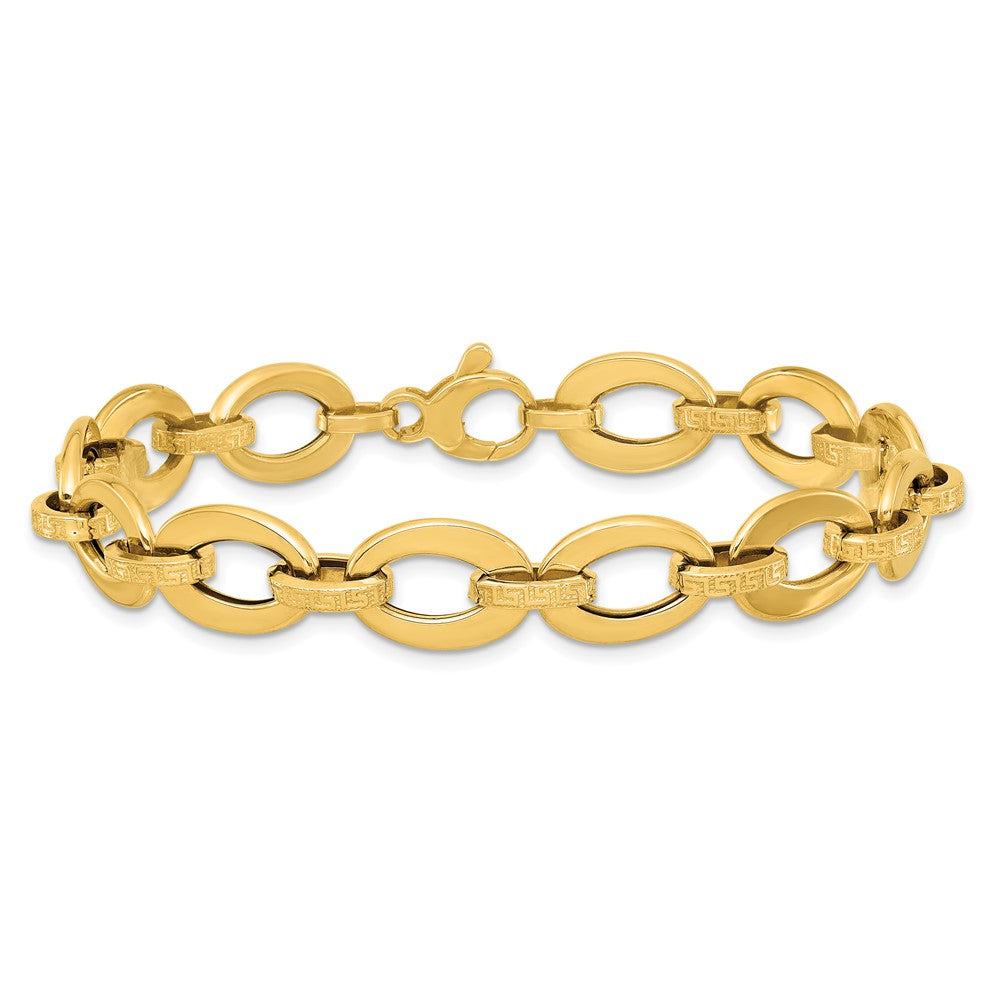 14K Yellow Gold Polished and Textured Greek Key Etched 10mm Fancy Oval Link 7.75 Inch Bracelet