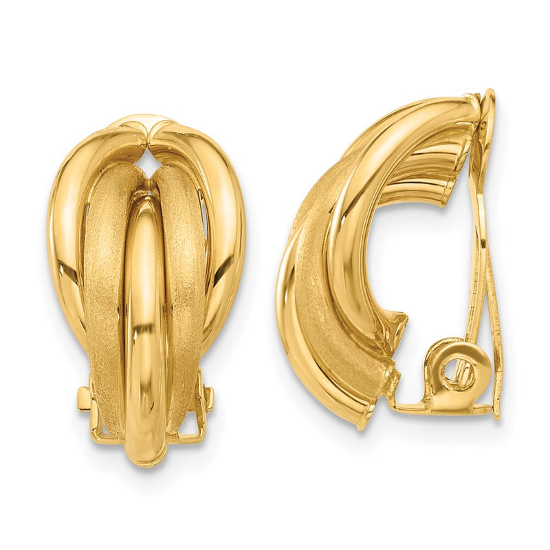 14K Yellow Gold 10x18mm Polished and Satin Curved Omega Back Non-pierced Earrings
