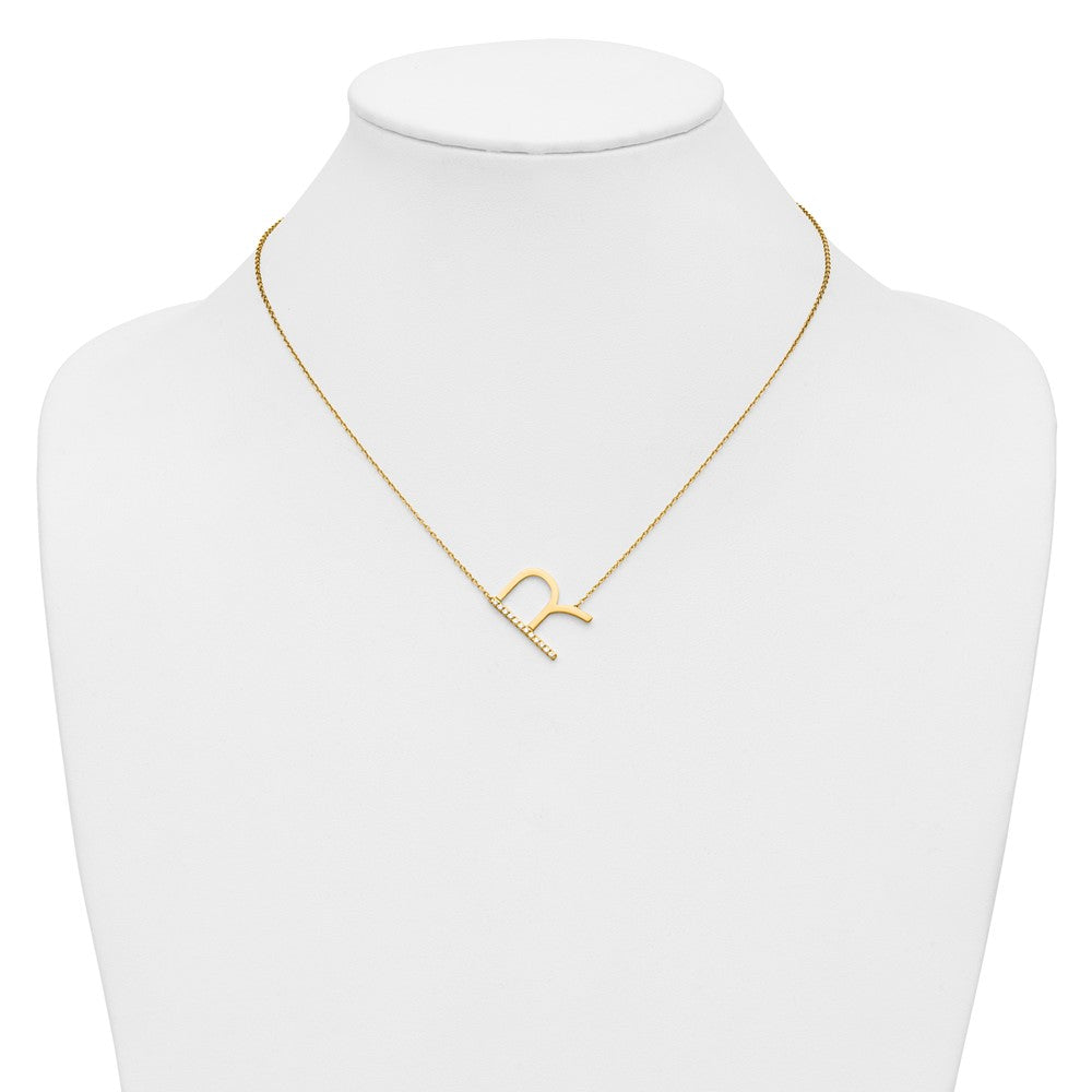 14K Yellow Gold Sideways Diamond Initial R 18 Inch Necklace