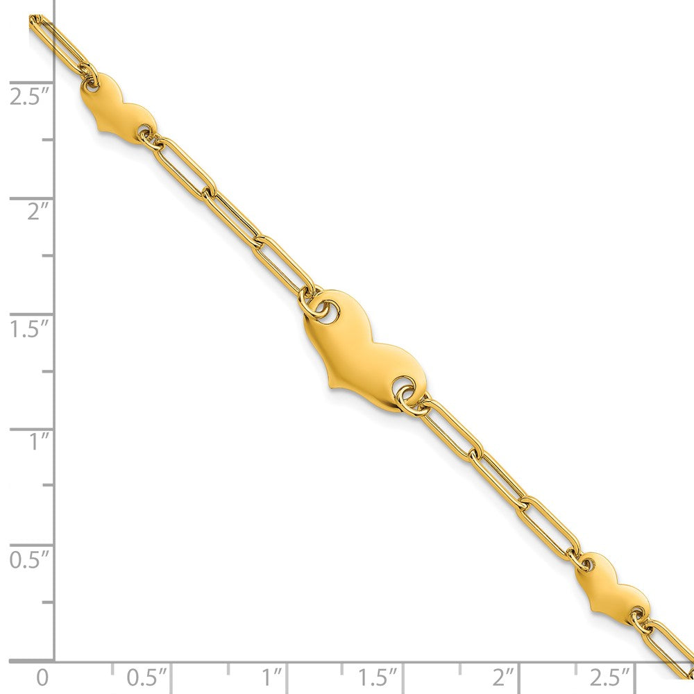 14K Yellow Gold Polished Paperclip Link With Three Hearts 7.5 Inch Bracelet