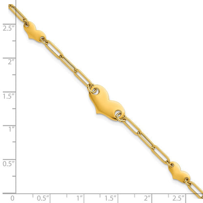 14K Yellow Gold Polished Paperclip Link With Three Hearts 7.5 Inch Bracelet