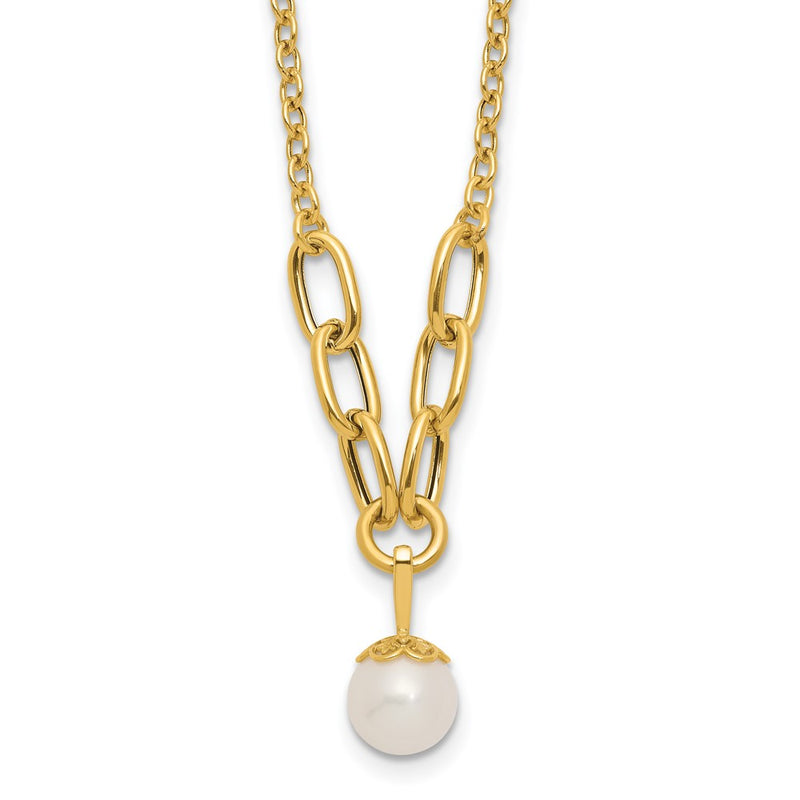 14K Yellow Gold Polished 8-9mm Near Round Freshwater Cultured Pearl Dangle 16.75 Inch Necklace