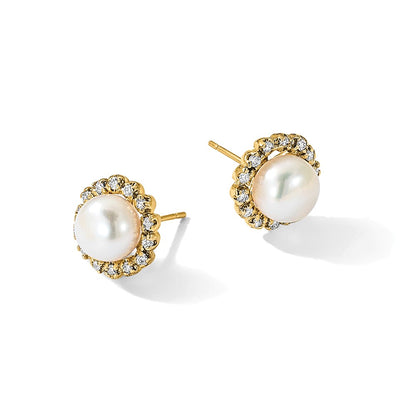 14K Yellow Gold 7-8mm Button Freshwater Cultured Pearl and .28 Carat Diamond Halo Post Earrings