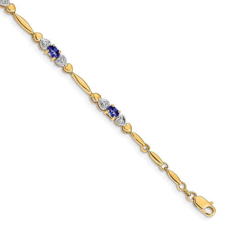14K Yellow Gold Complete Diamond and Oval Tanzanite Heart Design 7 Inch Bracelet