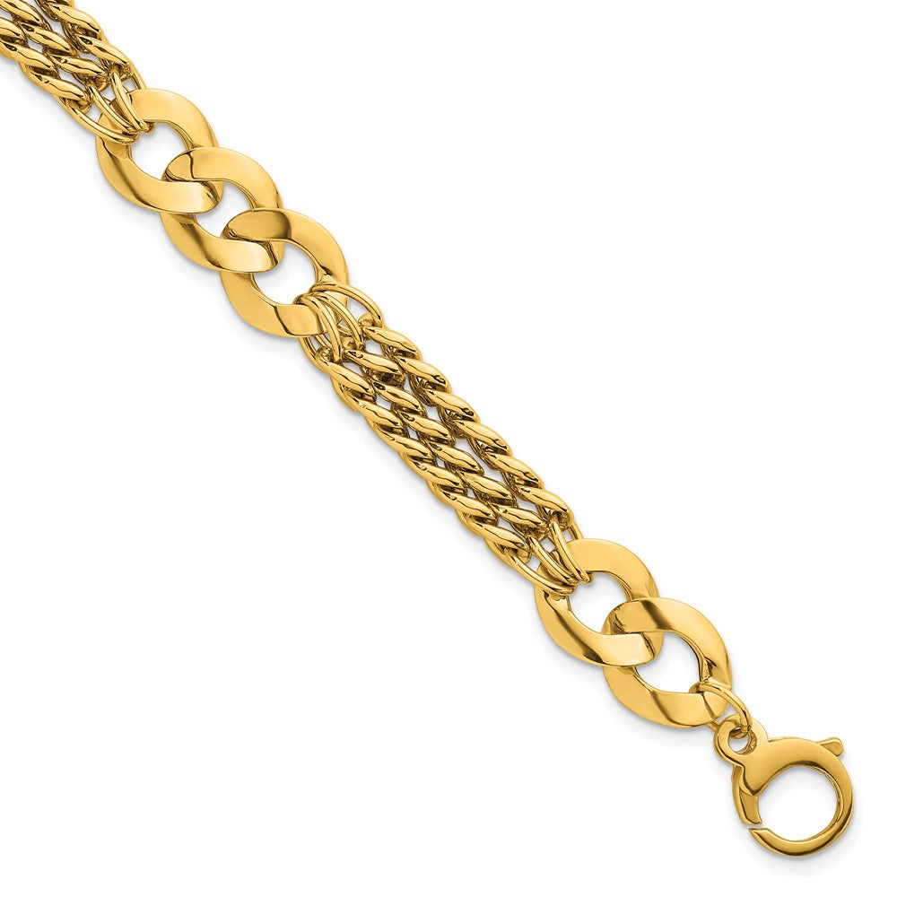 14K Yellow Gold Polished 11.1mm Lightweight Link and Triple Strand Fancy Curb Chain Bracelet