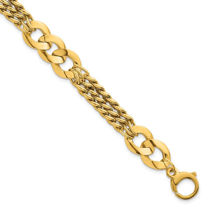 14K Yellow Gold Polished 11.1mm Lightweight Link and Triple Strand Fancy Curb Chain Bracelet