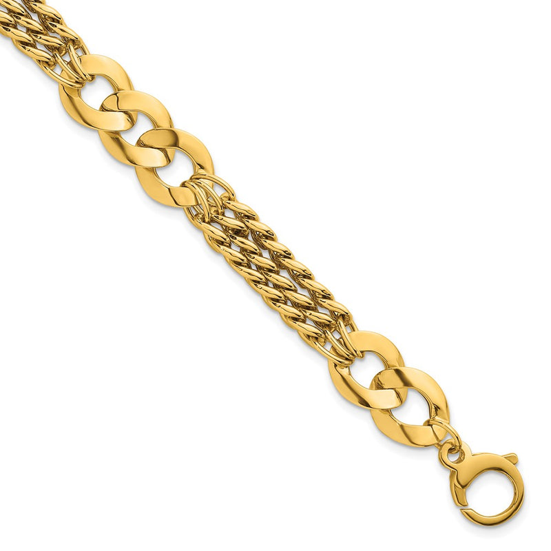 14K Yellow Gold Polished 11.1mm Lightweight Link and Triple Strand Fancy Curb Chain Bracelet