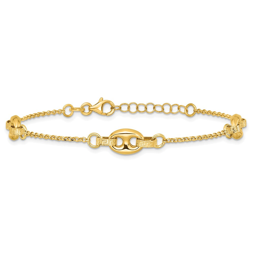 14K Yellow Gold Polished and Textured 10.6mm Greek Key Etched Link Chain Bracelet Plus Extender
