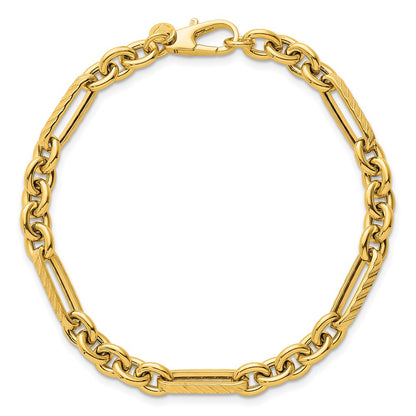 14K Yellow Gold Polished and Textured 4.9mm Oval and Round Link Chain Bracelet